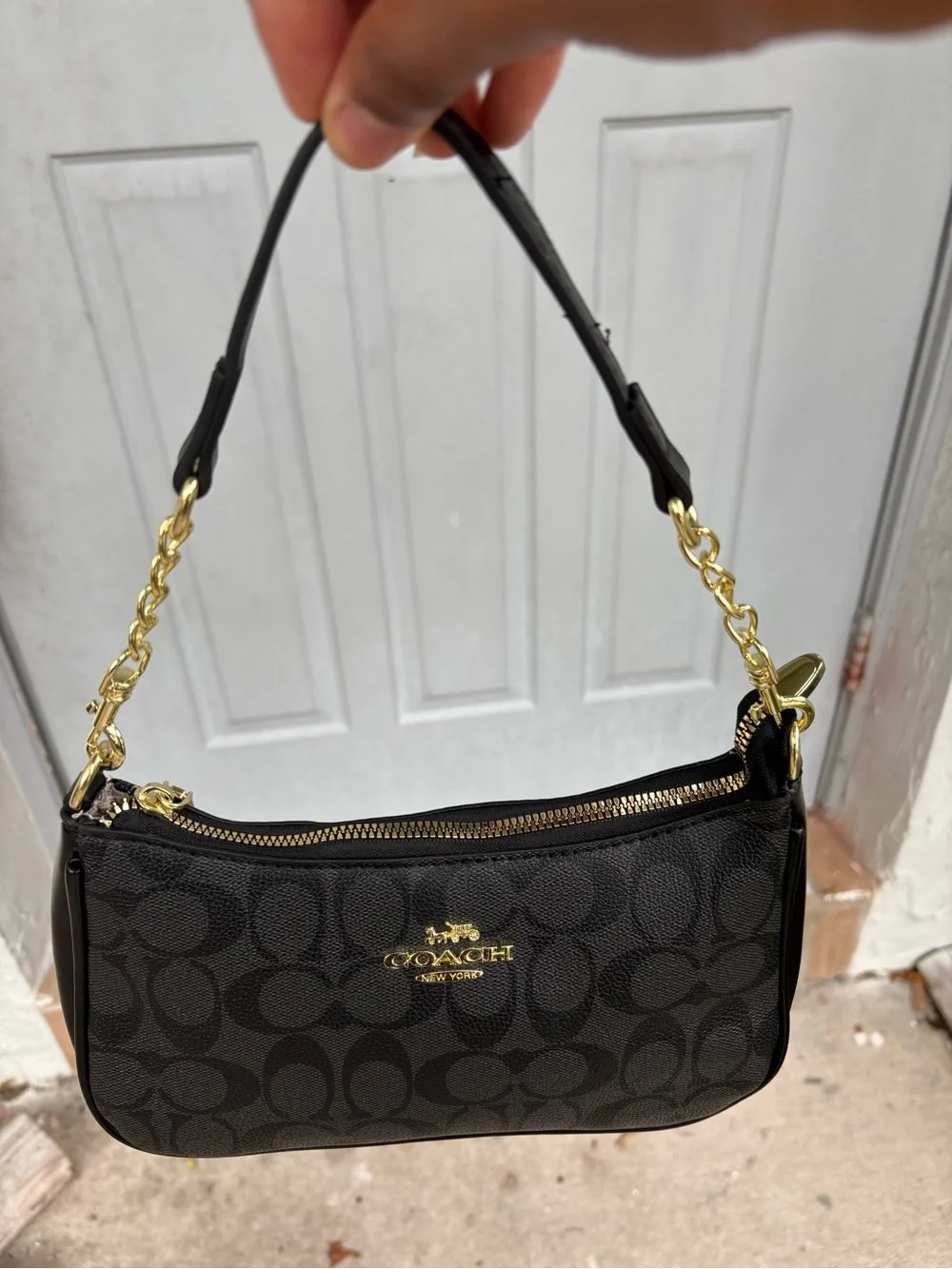 Coach Black Signature Canvas Shoulder Bag with Gold Chain Strap